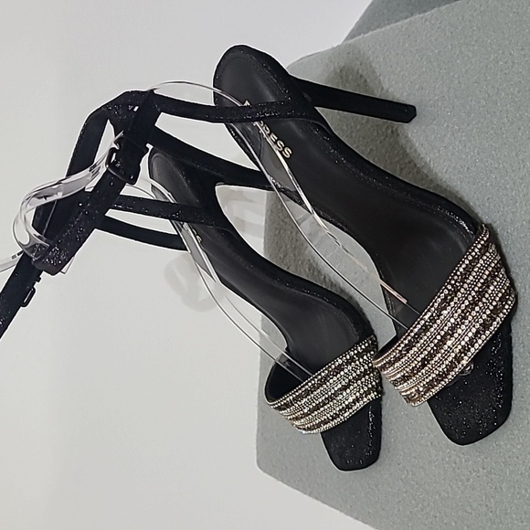 EXPRESS Women's Black Rhinestone Strappy 4 inch Open Toe Heels - Size 7.5 - Picture 1 of 12